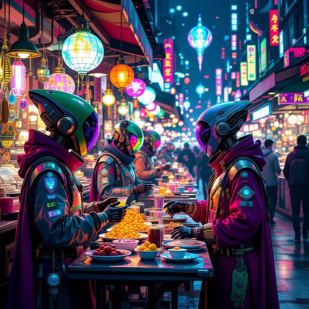 Neon Lit Alien Market in Biomechanical Style