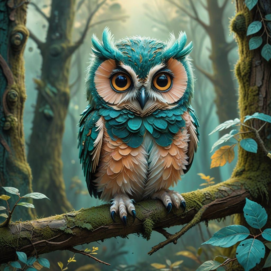 Fluffy Baby Owl on Mossy Branch in Misty Forest