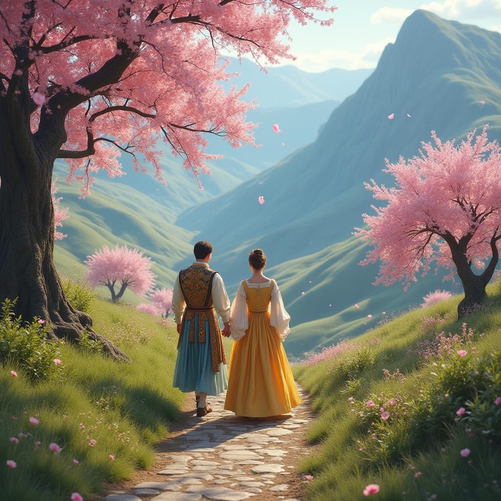 Renaissance Couple Stroll Through Blossoming Valley