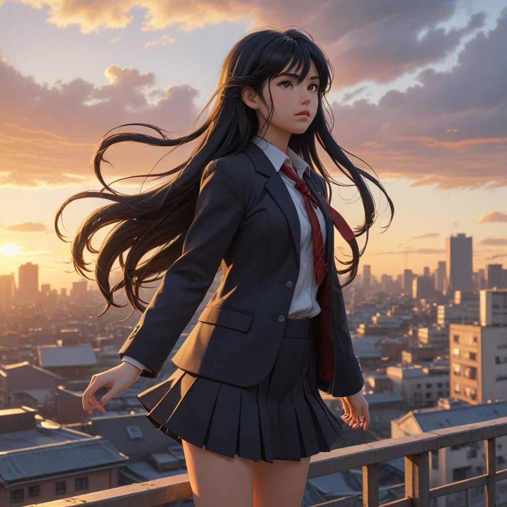Anime Girl on City Rooftop in Ghibli Style