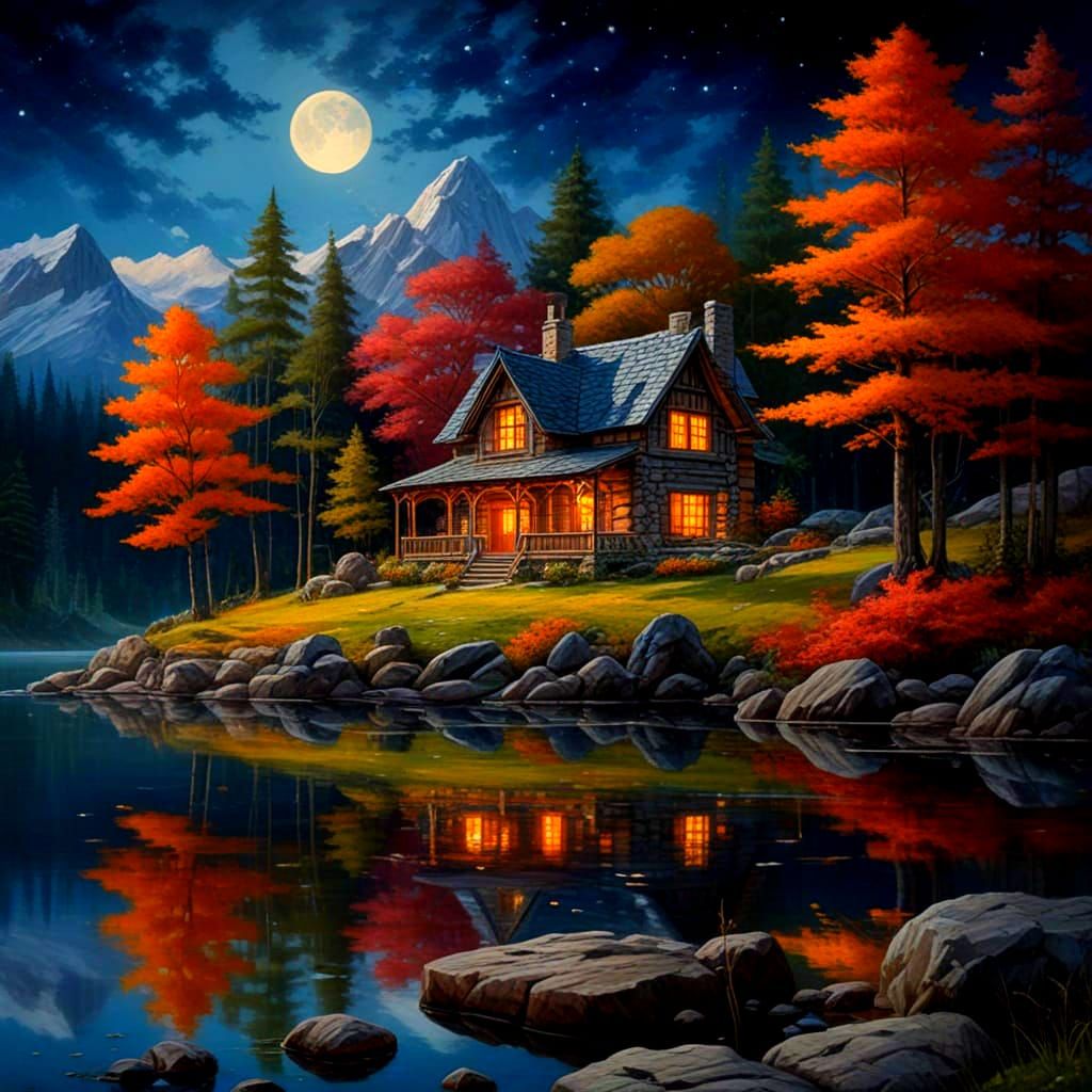 Autumn Manor by Crystal Lake in Oil Painting Style