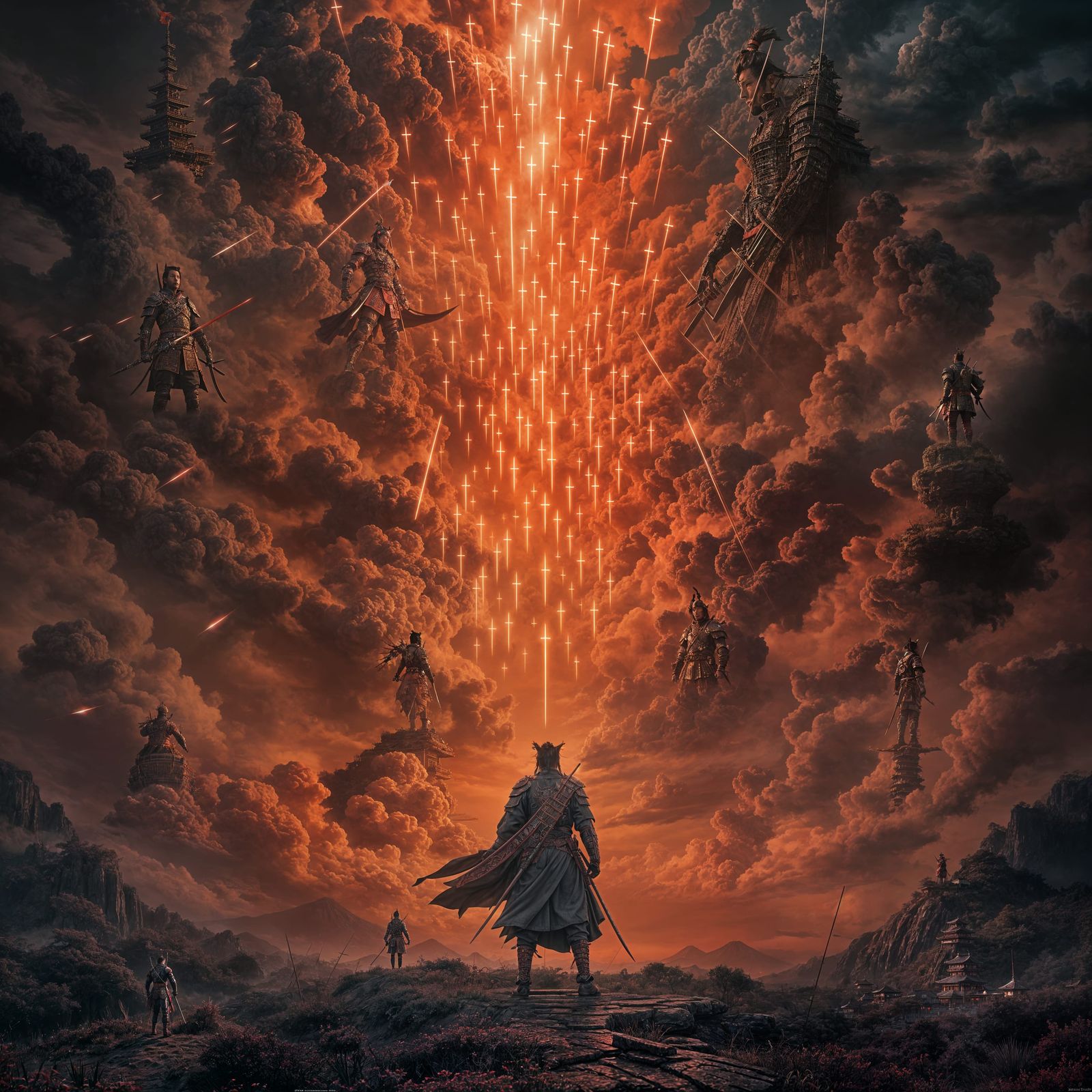 Brooding Japanese Warrior Surrounded by Fiery Skies