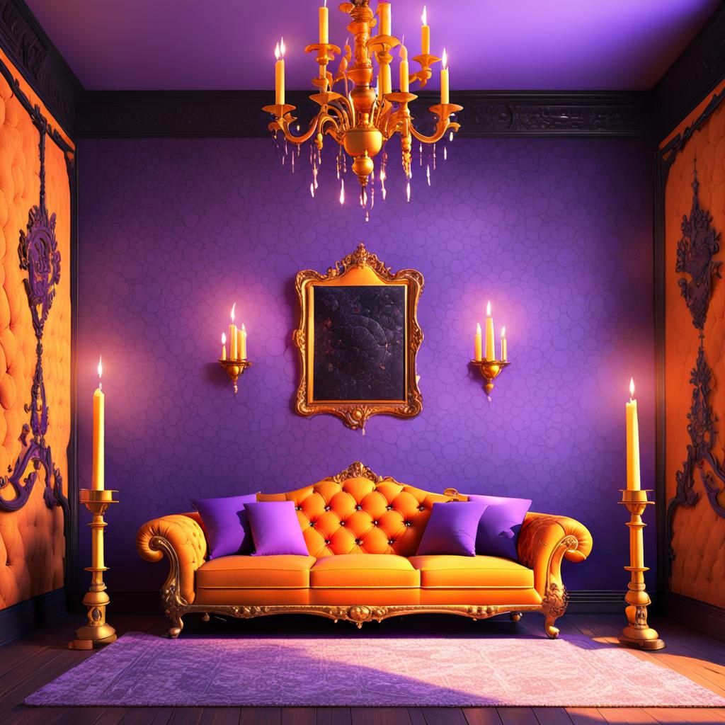 Black Castle Interior with Golden Candles, 3D Render