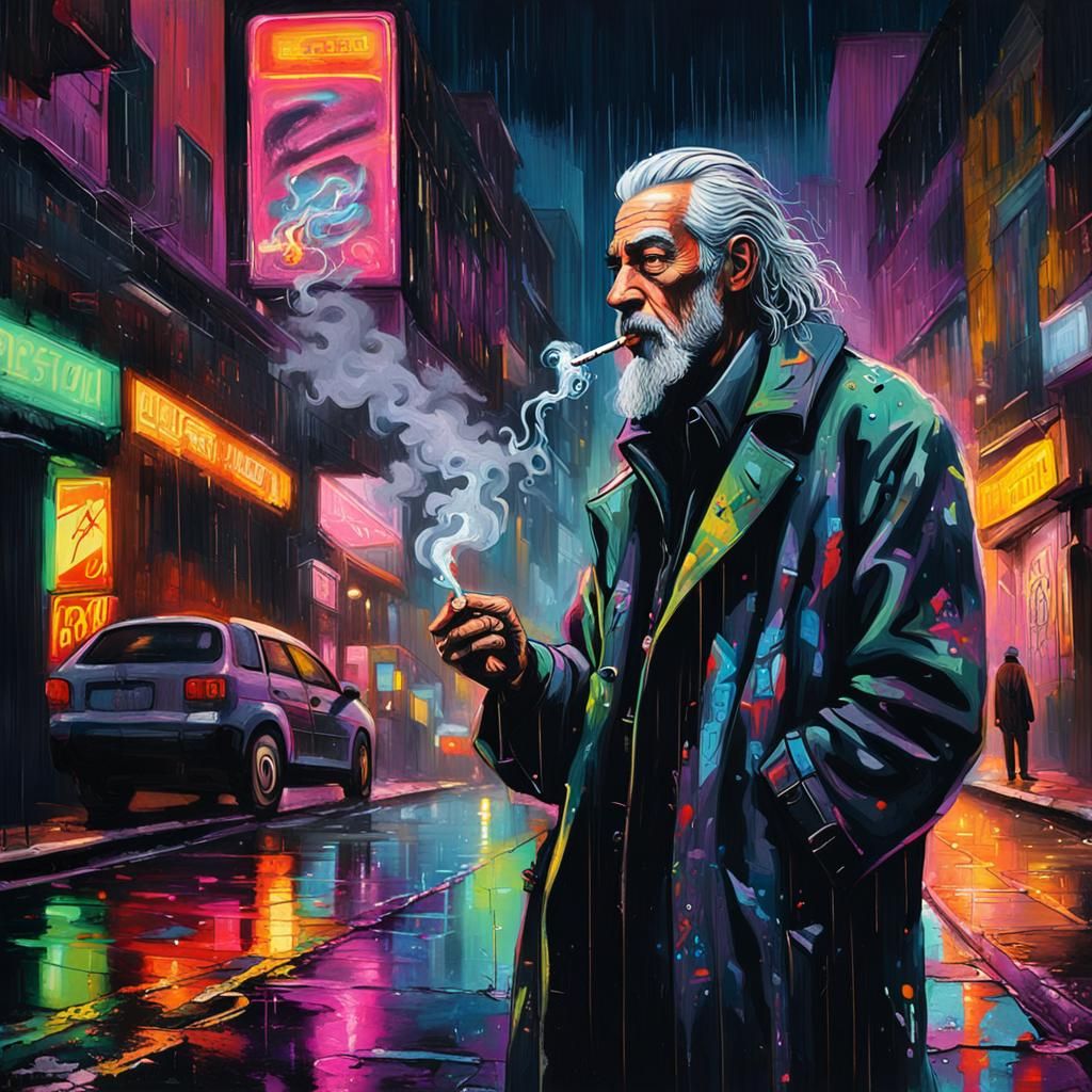 Cyberpunk Man Smoking in Dystopian City Street