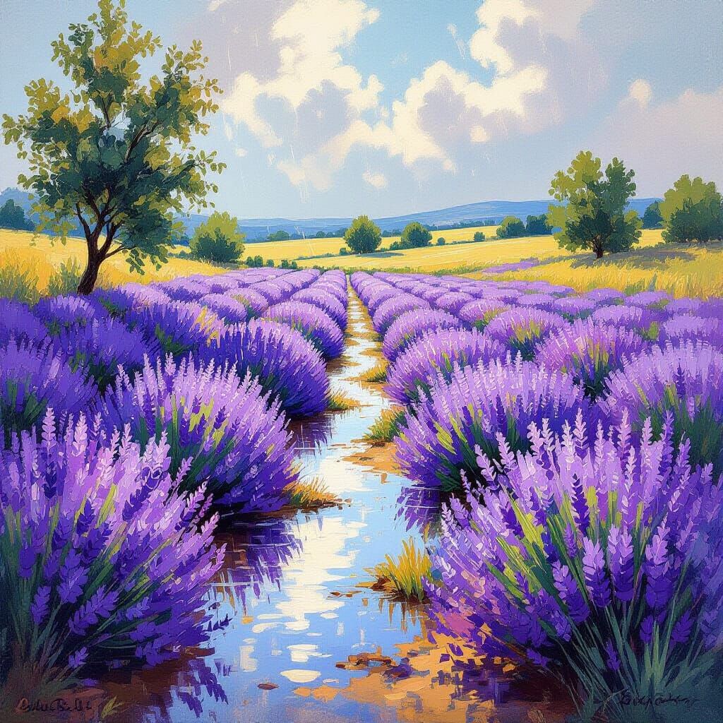 Summer Lavender Rain in Luminous Oil Painting