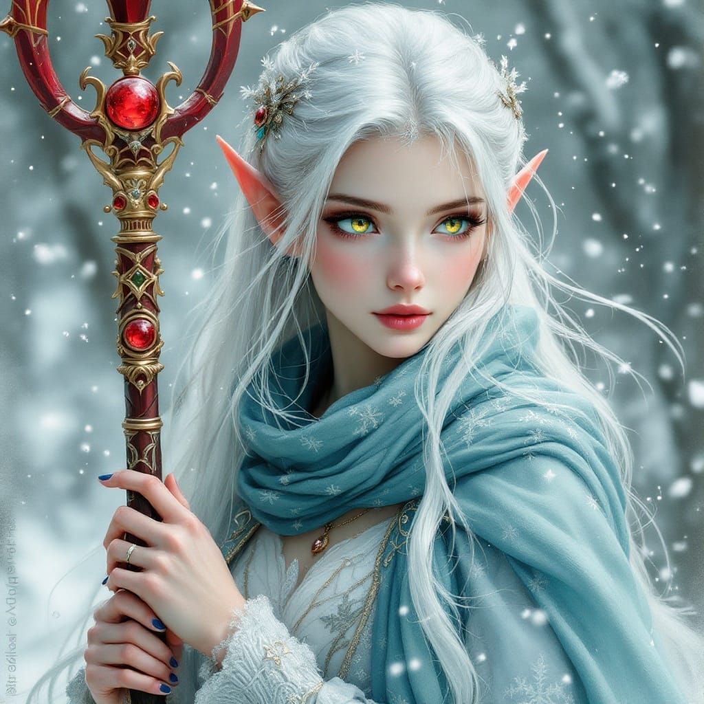 Anime-Inspired Snow Elf Maiden with Moonlit Hair and Crimson...