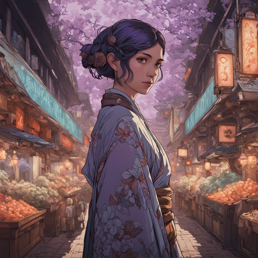 Cyberpunk Woman in Tokyo Marketplace, Digital Art