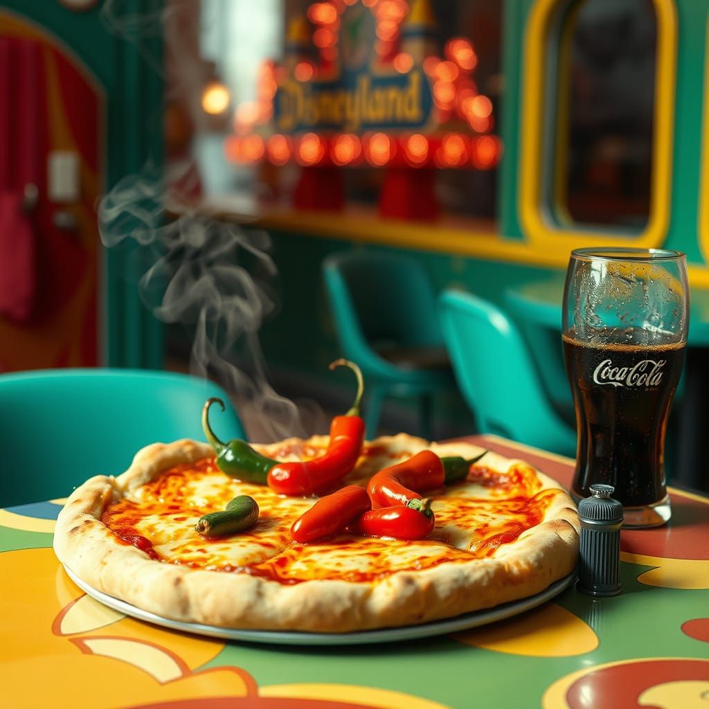 Cheesy Pizza Scene with Sizzling Chilli in Vibrant Disneylan...