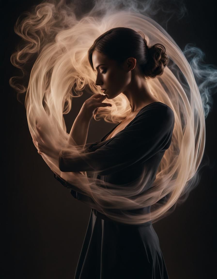 Ethereal Woman Dissolving into Smoke, Surreal CGI Art