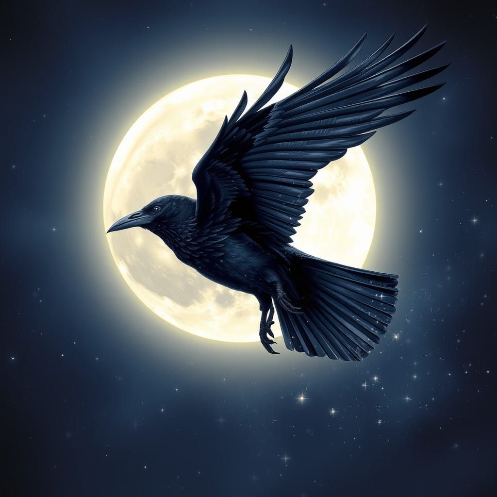 Majestic Raven Under Full Moon with Astral Aura