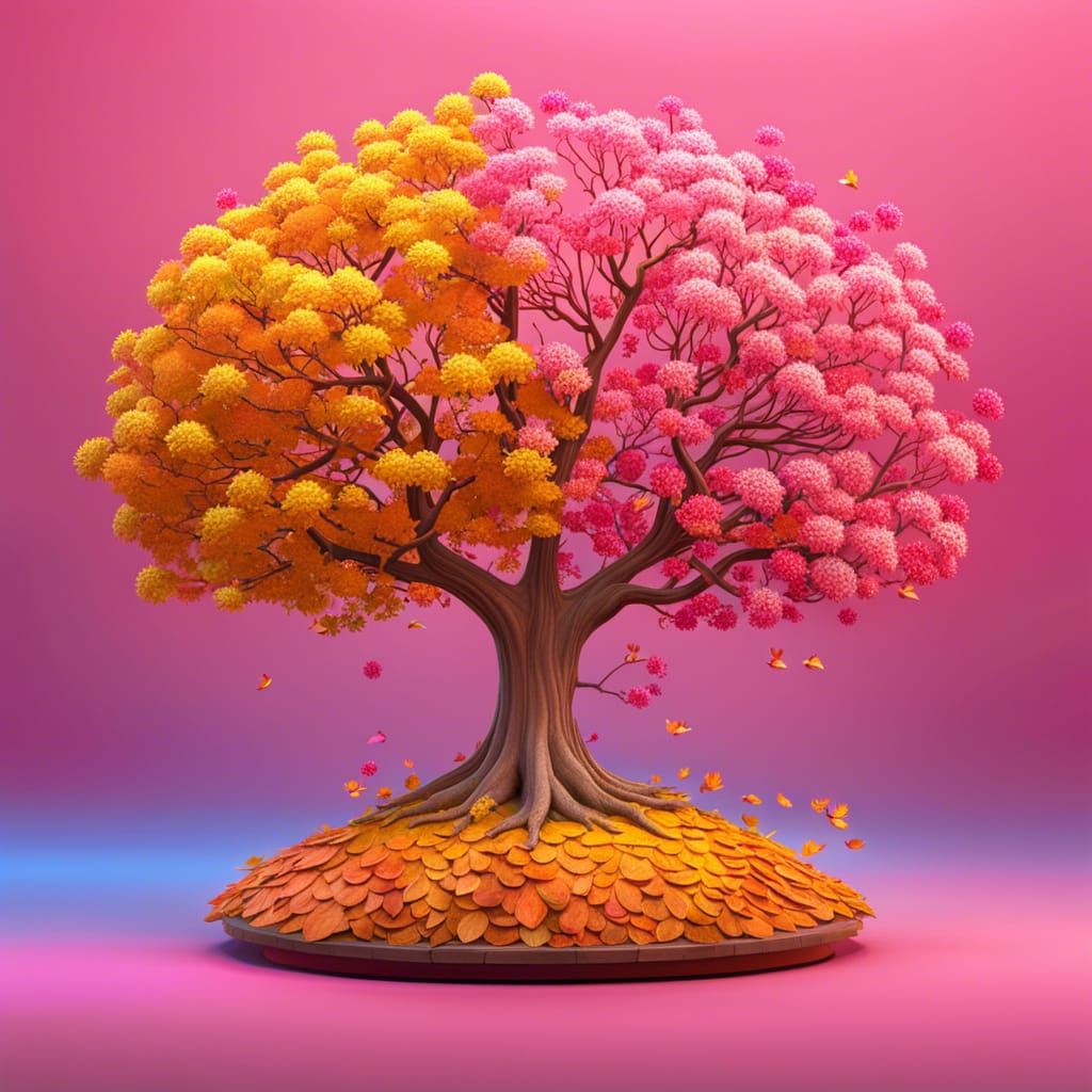Tree in Spring and Autumn: 3D Digital Art