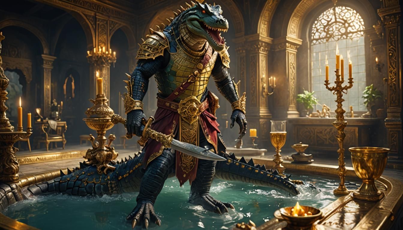 Crocodile Warrior's Luxurious Bath: Fantasy Concept Art