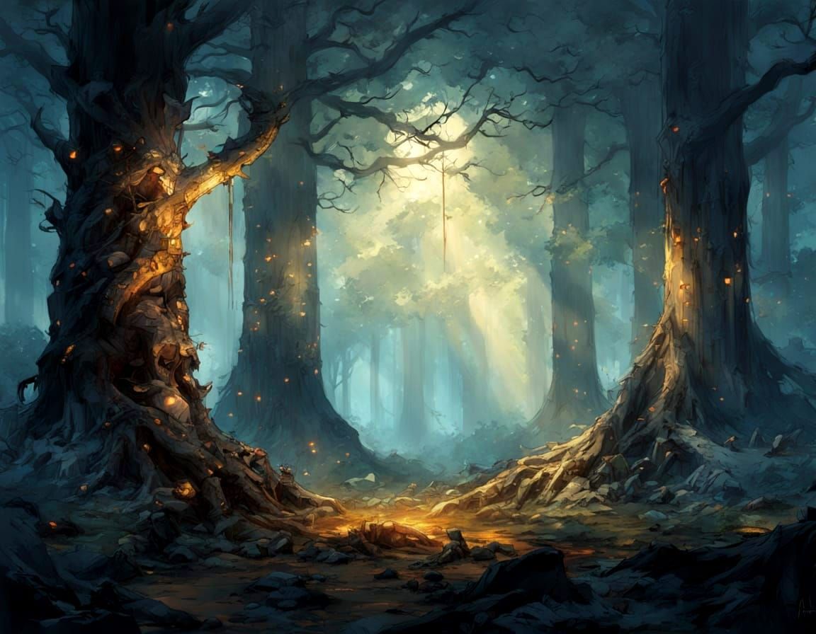 Magical Forest Clearing with Glowing Fog and Sprites