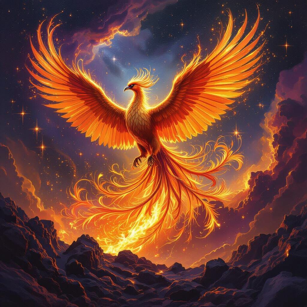 Phoenix Rising from Molten Gold Amidst Cosmic Nebula