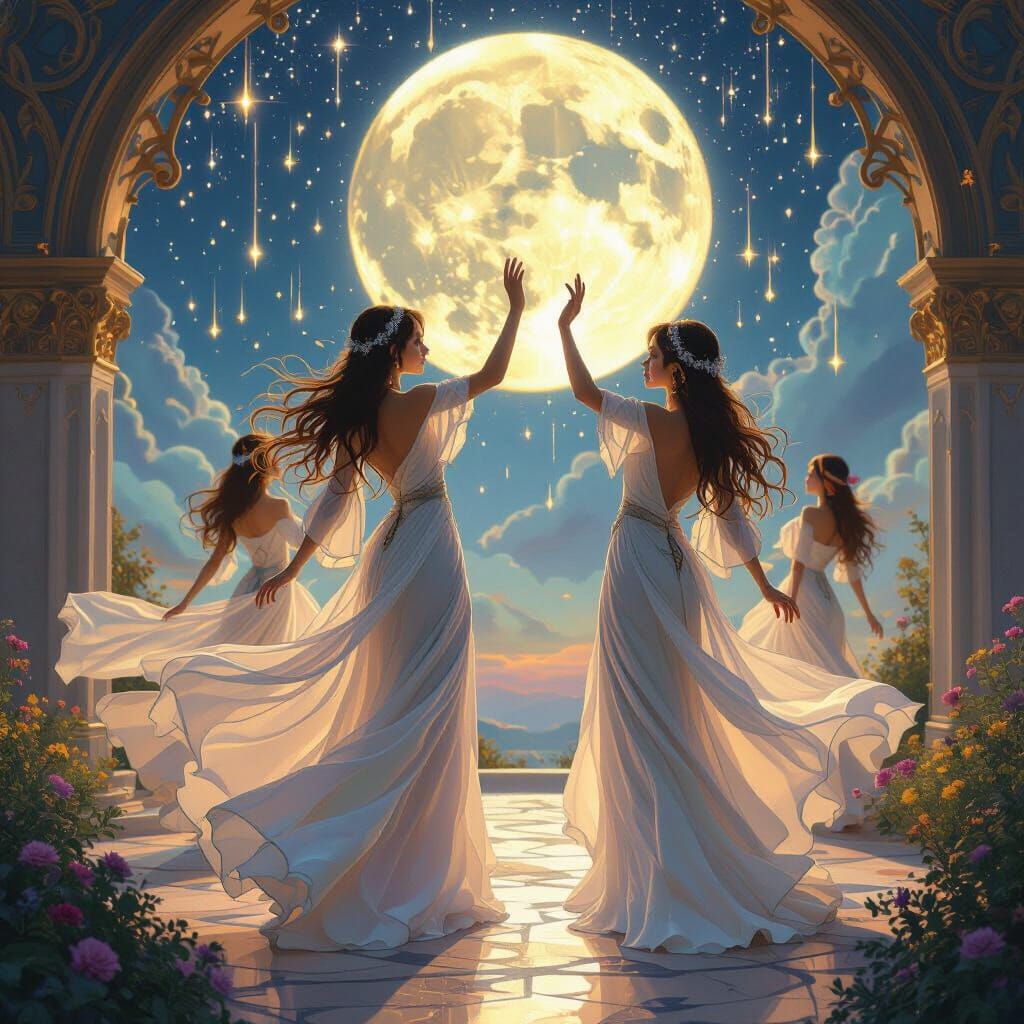Moon Elf Maidens Dancing Under Meteor Shower