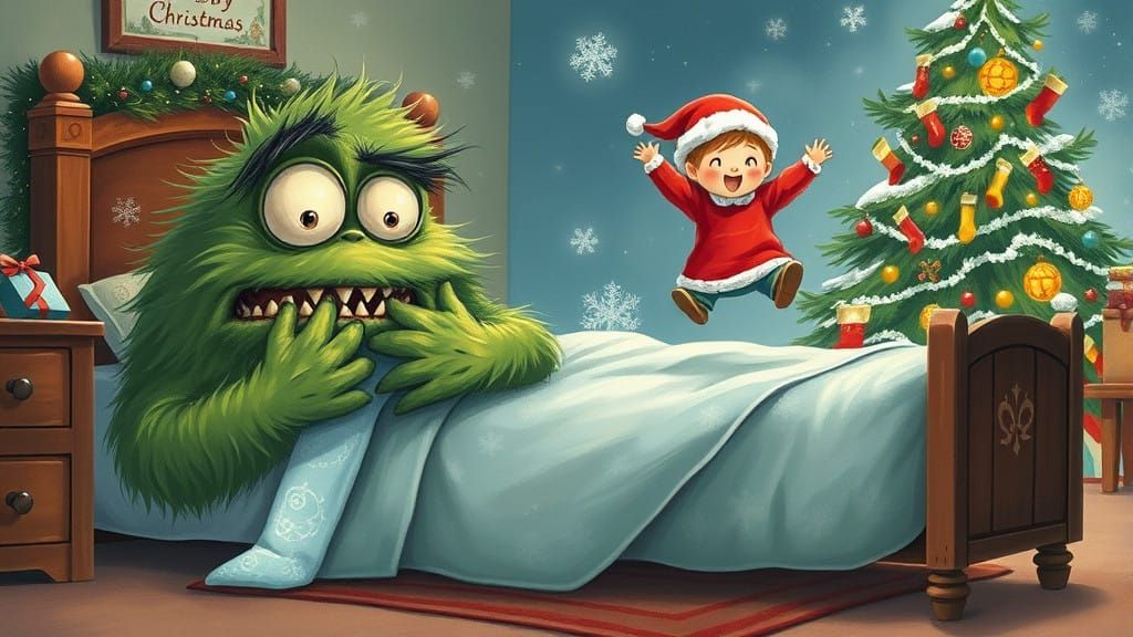Furry Christmas Monster Surprised Under Bed by Cheerful Chil...