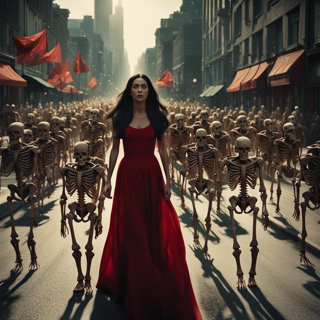 Elegant Skeleton Queen Commands City Streets in Cinematic Ma...