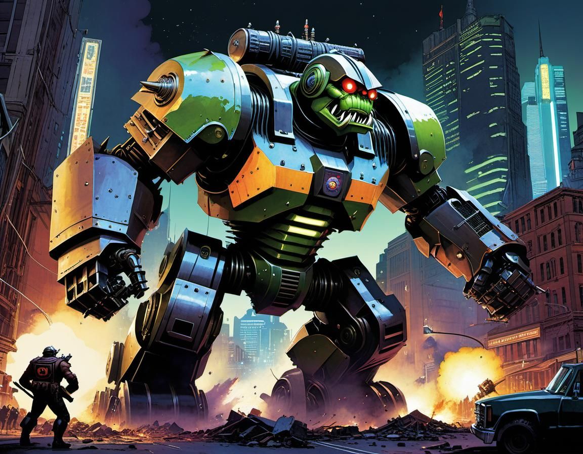 Giant Robot Monster Destroys City at Night