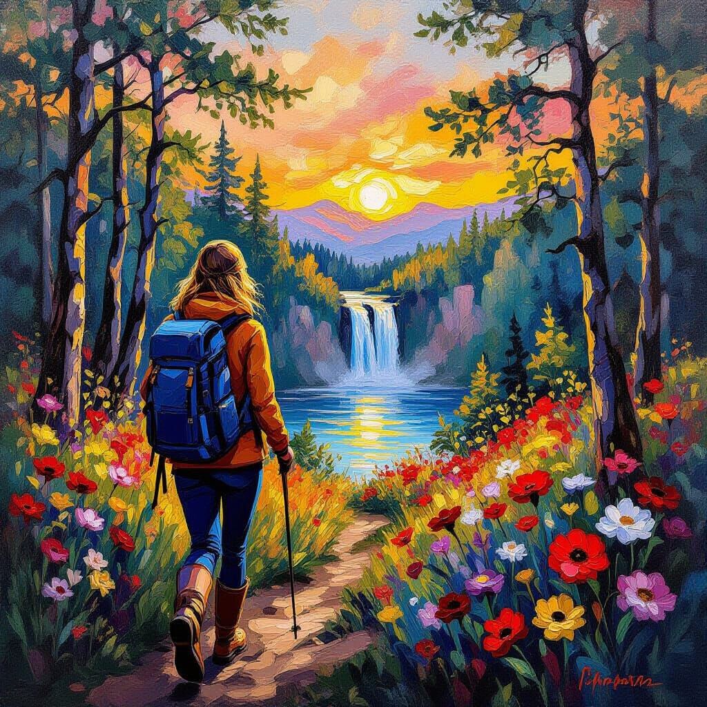 Neo-Impressionist Sunset Forest with Waterfall