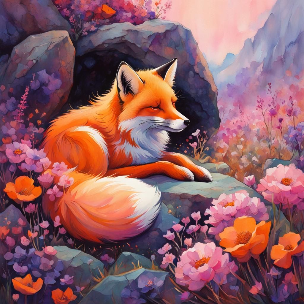 Orange Fox Asleep in a Fantasy Watercolour Garden