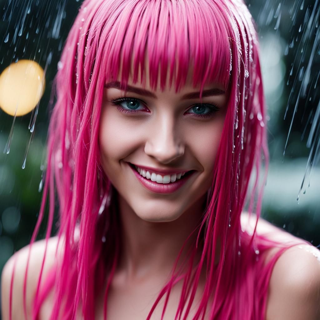 Pink-Haired Teen in the Rain