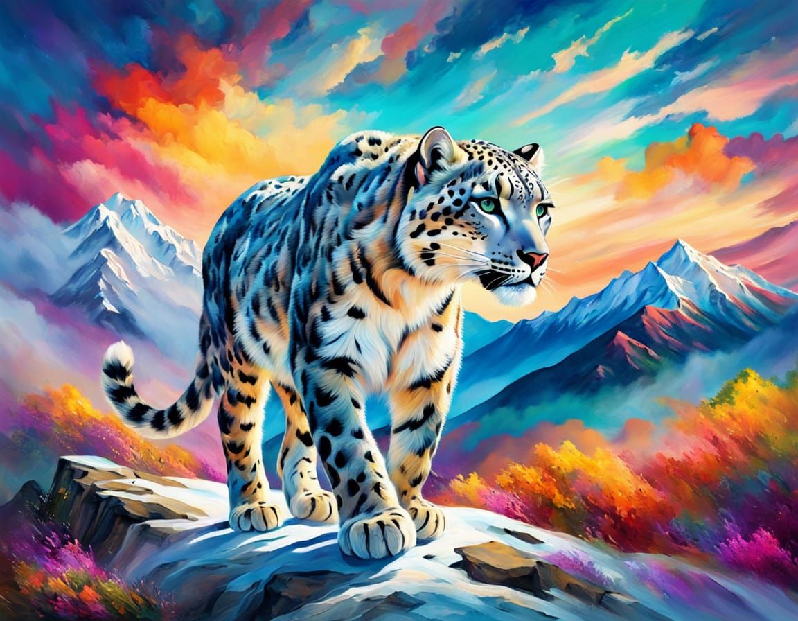 Ethereal Snow Leopard Strolls Down a Mountain