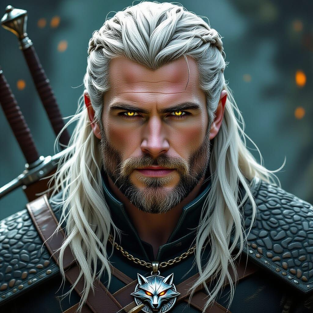 Geralt of Rivia with Witcher Medallion in Dark Fantasy Style