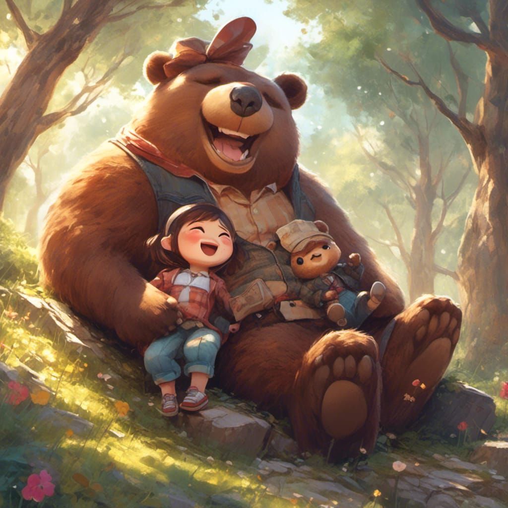 Chibi Papa Bear and Baby Play on Hill