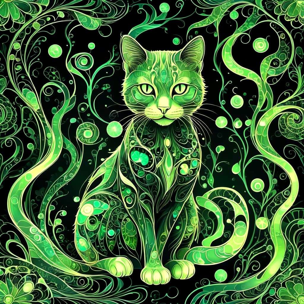 Bioluminescent Cat in Art Nouveau Style