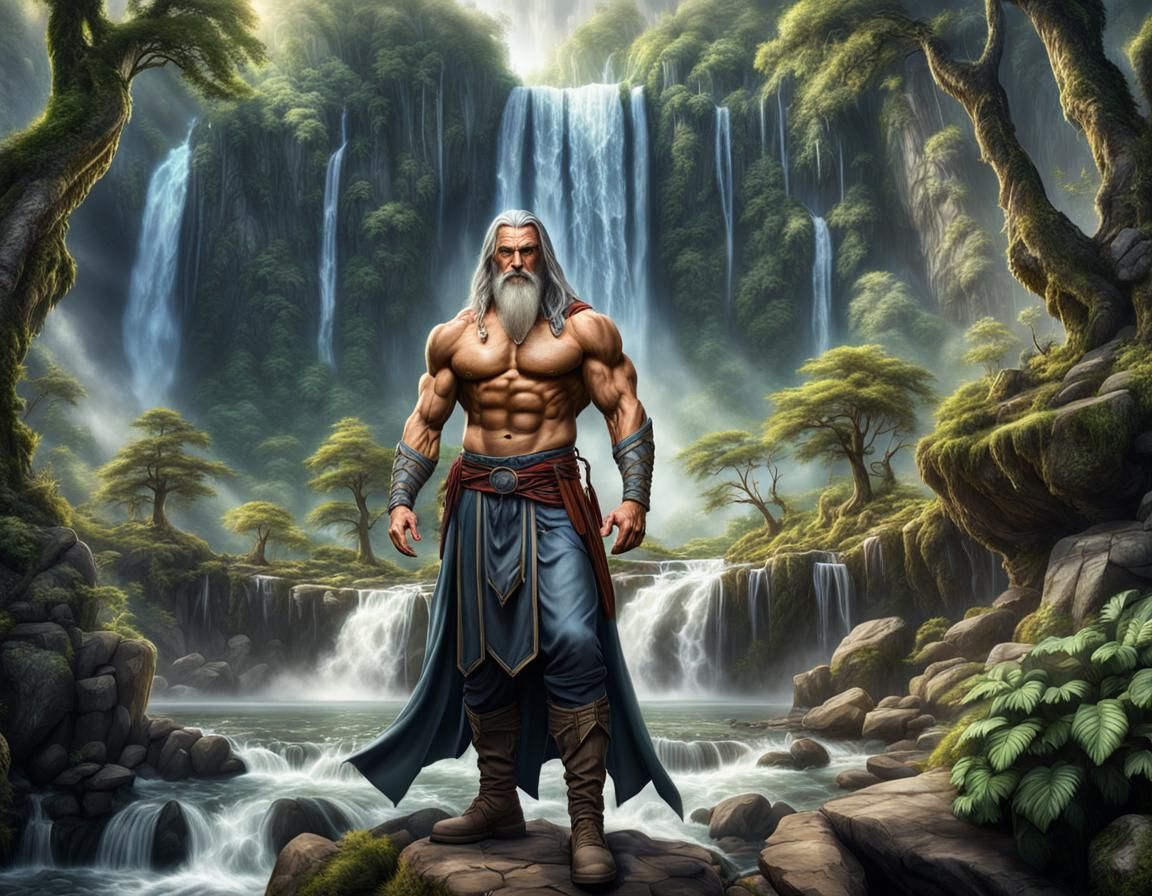 Fantasy Wizards in Forest with Waterfall