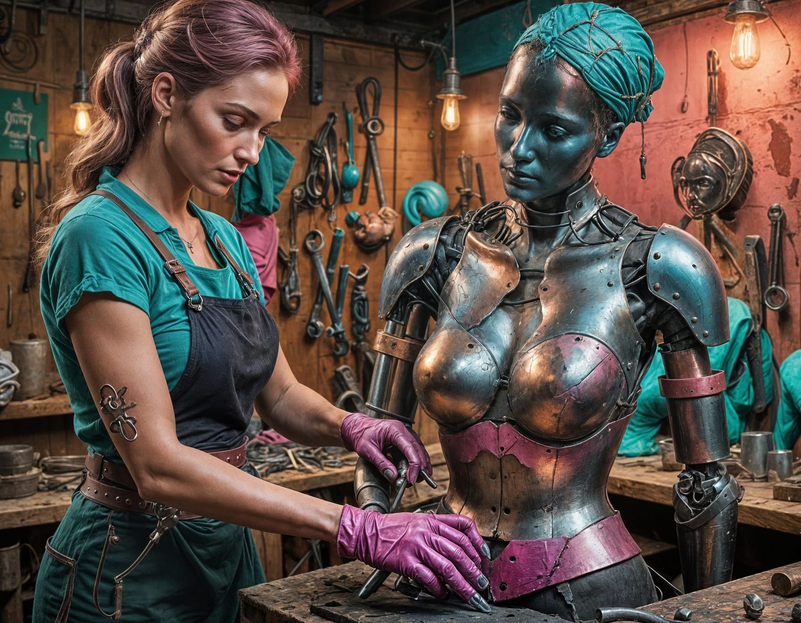 Blacksmith Fitting Prosthesis to Mannequin in Pink