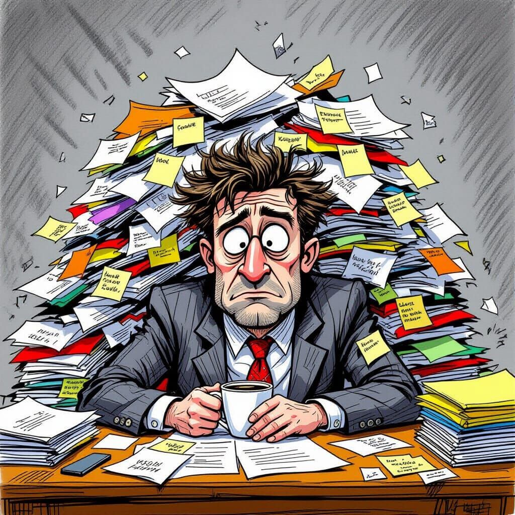 Tired Office Worker Buried in Paperwork - Satirical Charcoal...