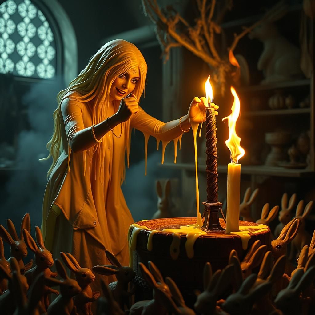 Melting Wax Woman in Mystical Workshop