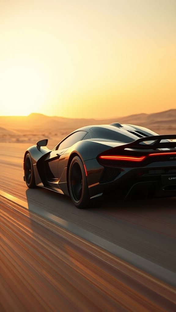 Supercar Speeding Through Desert at Sunset