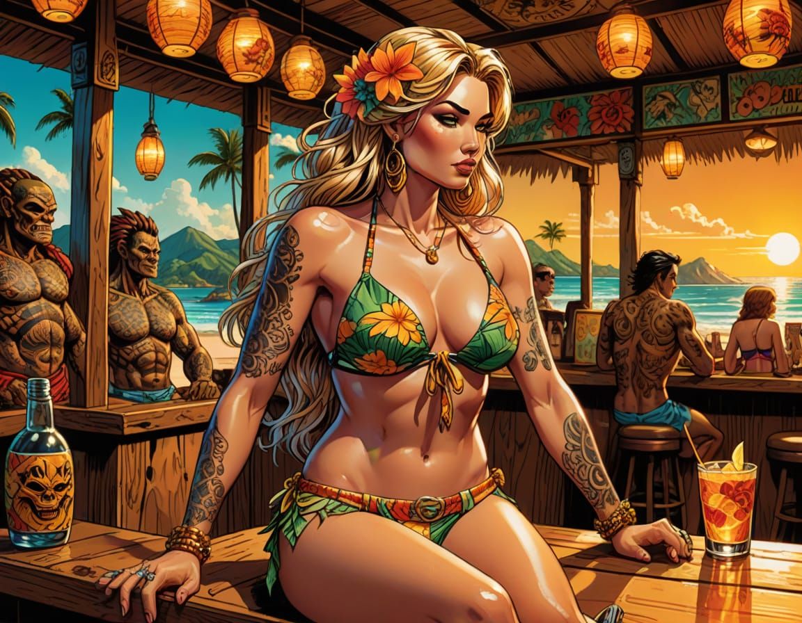 Aphrodite in Tiki Bar with Yakuza Tattoos, Comic Art