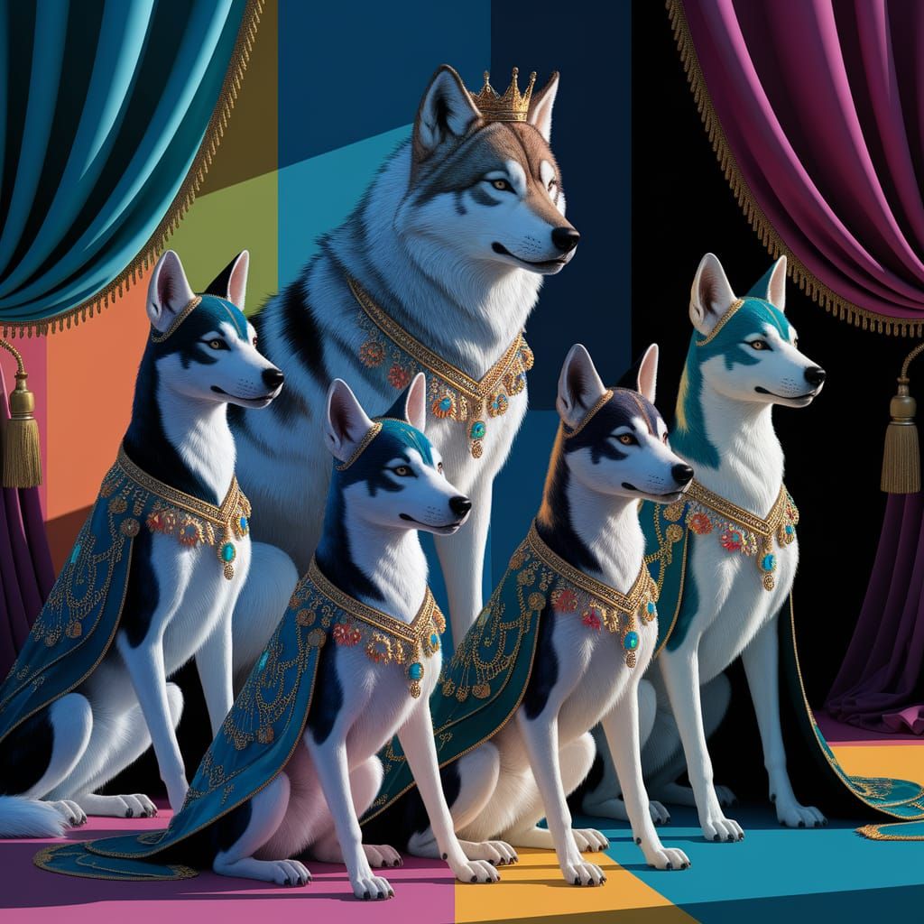 Majestic Wolf King with Dog-Woman Hybrids in Abstract Art