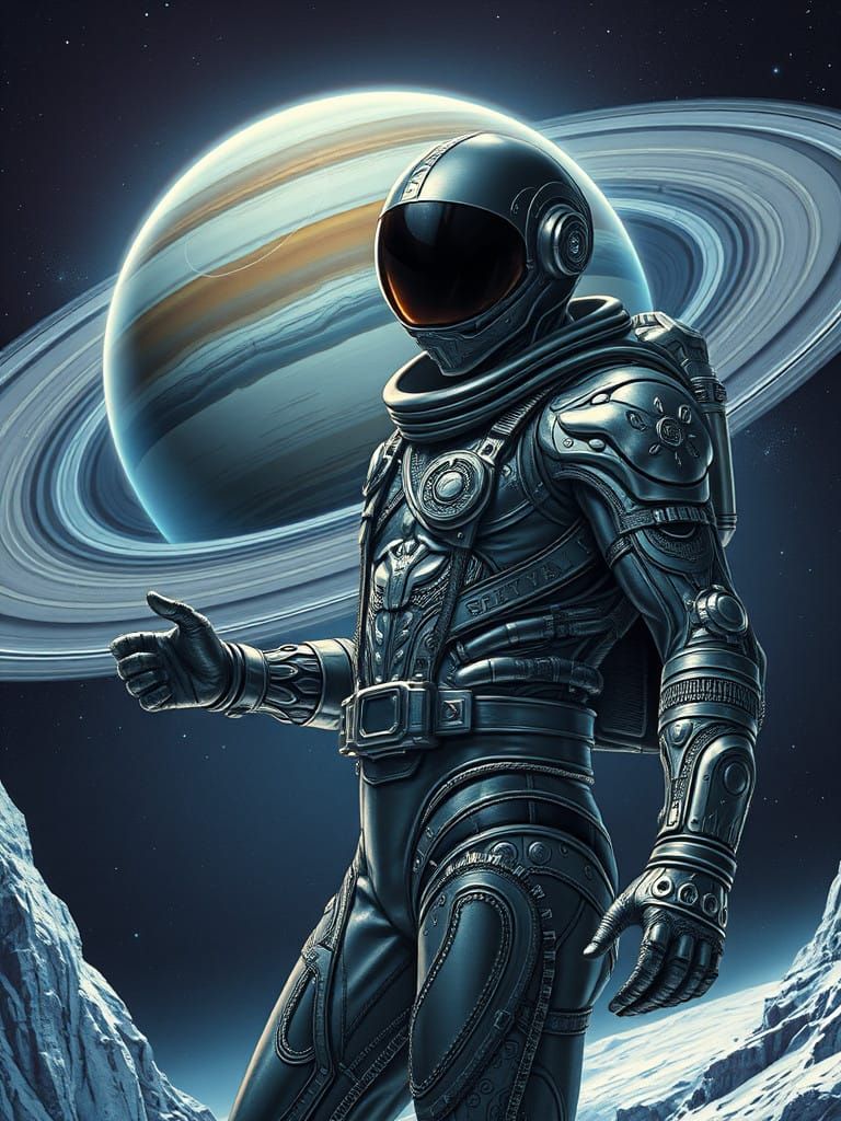 Sleek Space Pilot Soars Against Saturn's Icy Rings in a Hype...