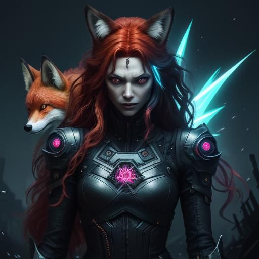 Cyberpunk Fairy Protecting Fox in Digital Art