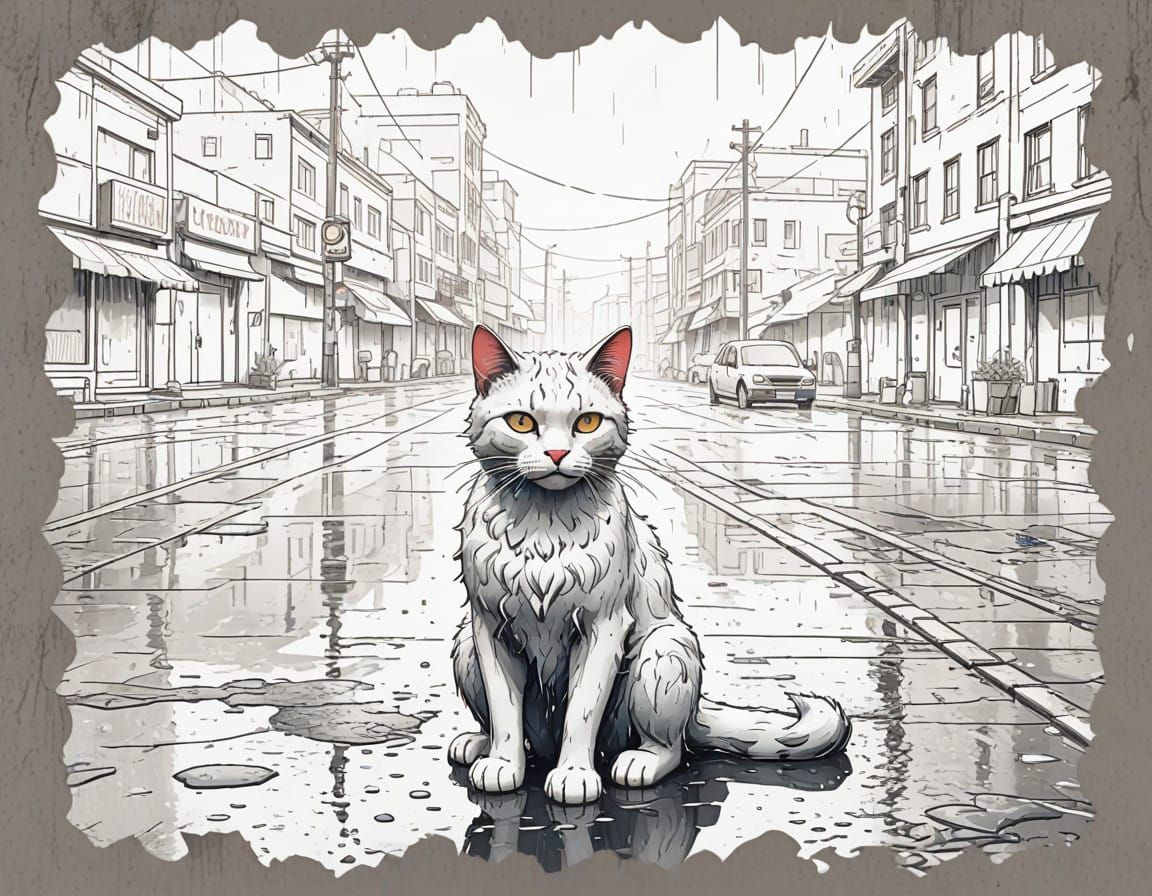 Wet Feline of Despair in Rainy Cityscape