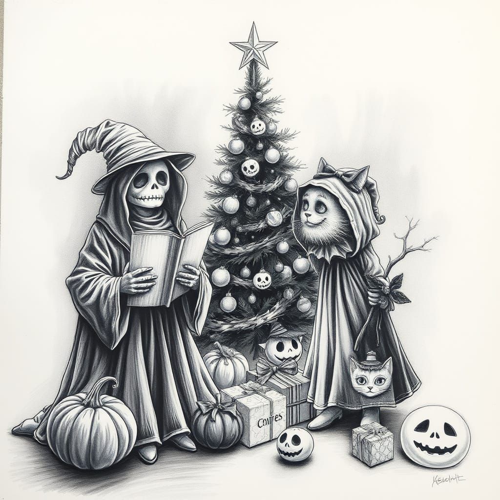 Undead Carolers & Haunted Gifts Charcoal Drawing