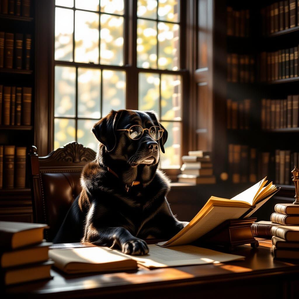 Wise Labrador Scholar in Dim Study, Rembrandt Style