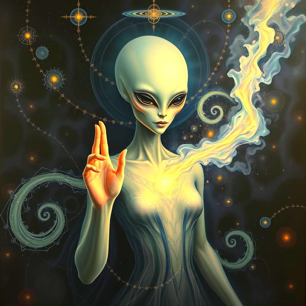 Alien Goddess Blesses Cosmic Landscape in Psychedelic Painti...