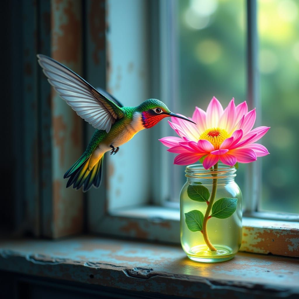 Hummingbird Sipping Nectar From Luminous Flower
