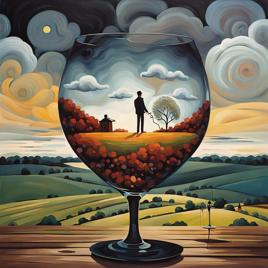 Miniature Guitarist in Wine Glass: Surreal Minimalist Painti...