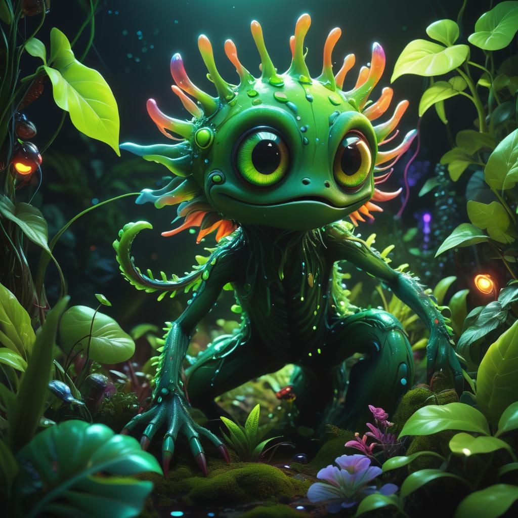 Vibrant Green Creature in Hyperrealistic Digital Art