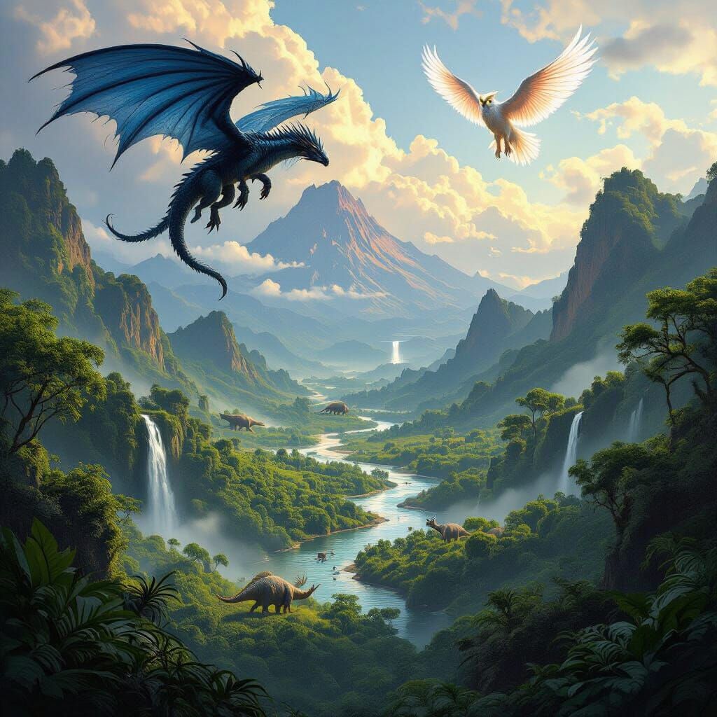 Prehistoric World with Dinosaurs and Dragon