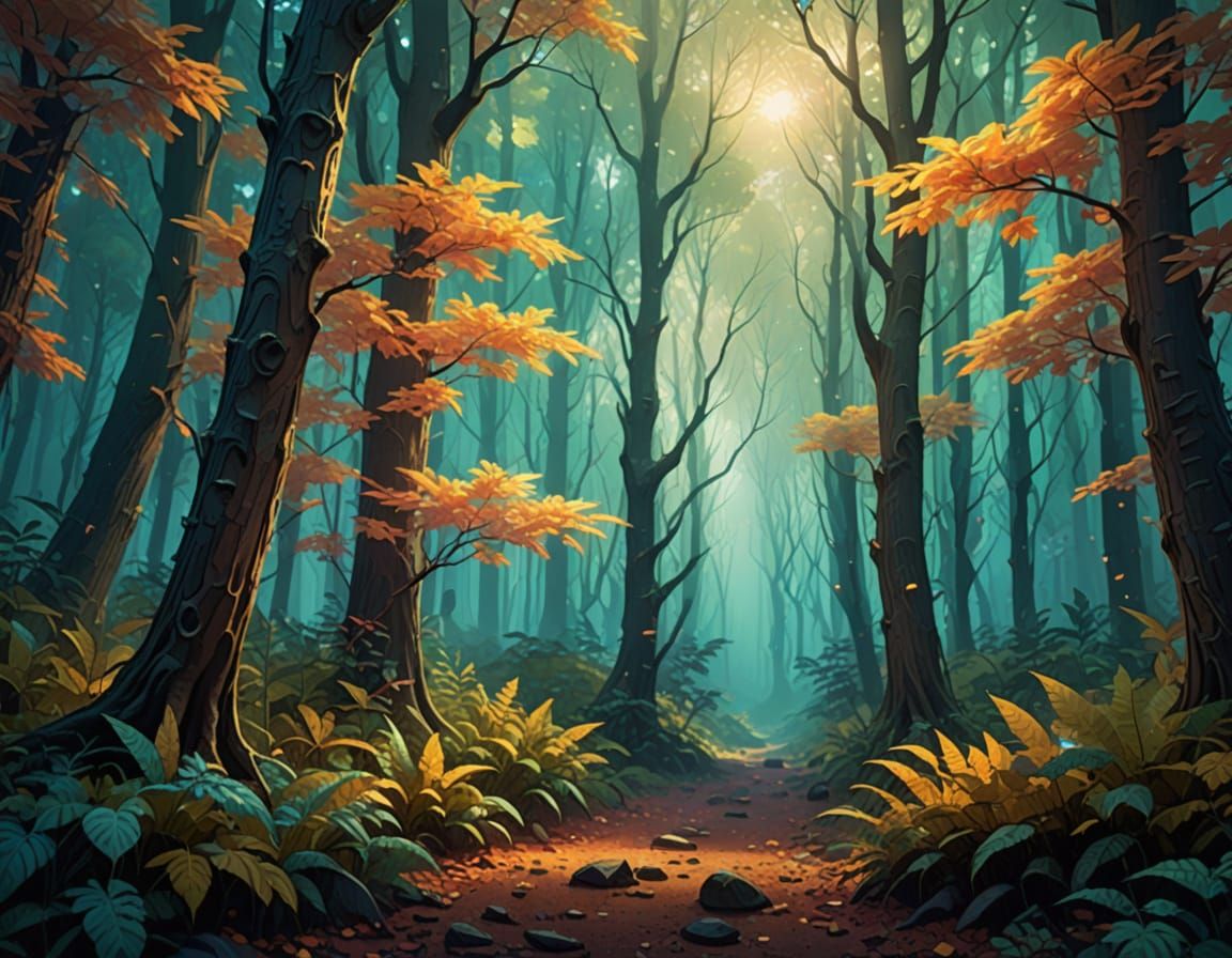 Majestic Forest with Iridescent Leaves in Digital Painting S...
