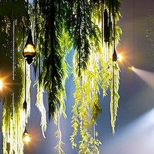 Weeping Willow chandelier hanging from the ceiling with lights& earthy vibes& ethereal vibes& magical vibes& witchy vibe...