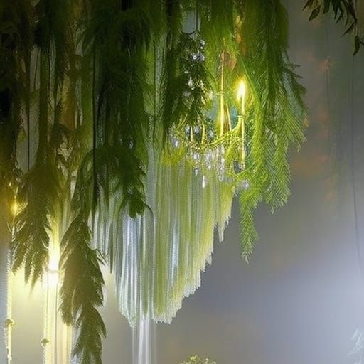 Weeping Willow chandelier hanging from the ceiling with lights& earthy vibes& ethereal vibes& magical vibes& witchy vibe...