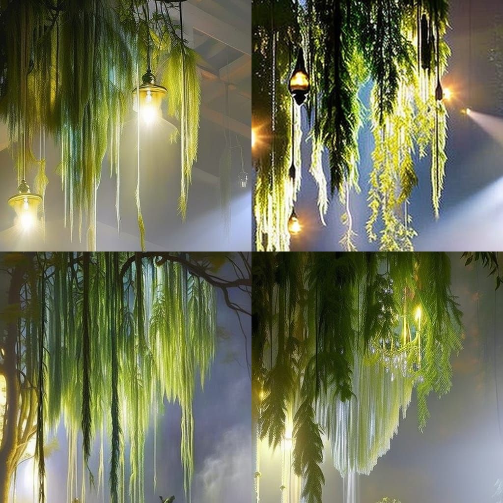 Weeping Willow chandelier hanging from the ceiling with lights& earthy vibes& ethereal vibes& magical vibes& witchy vibe...
